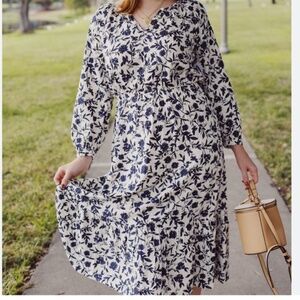 Old Navy Long-Sleeve Floral-Print Tiered Midi Swing Dress M
